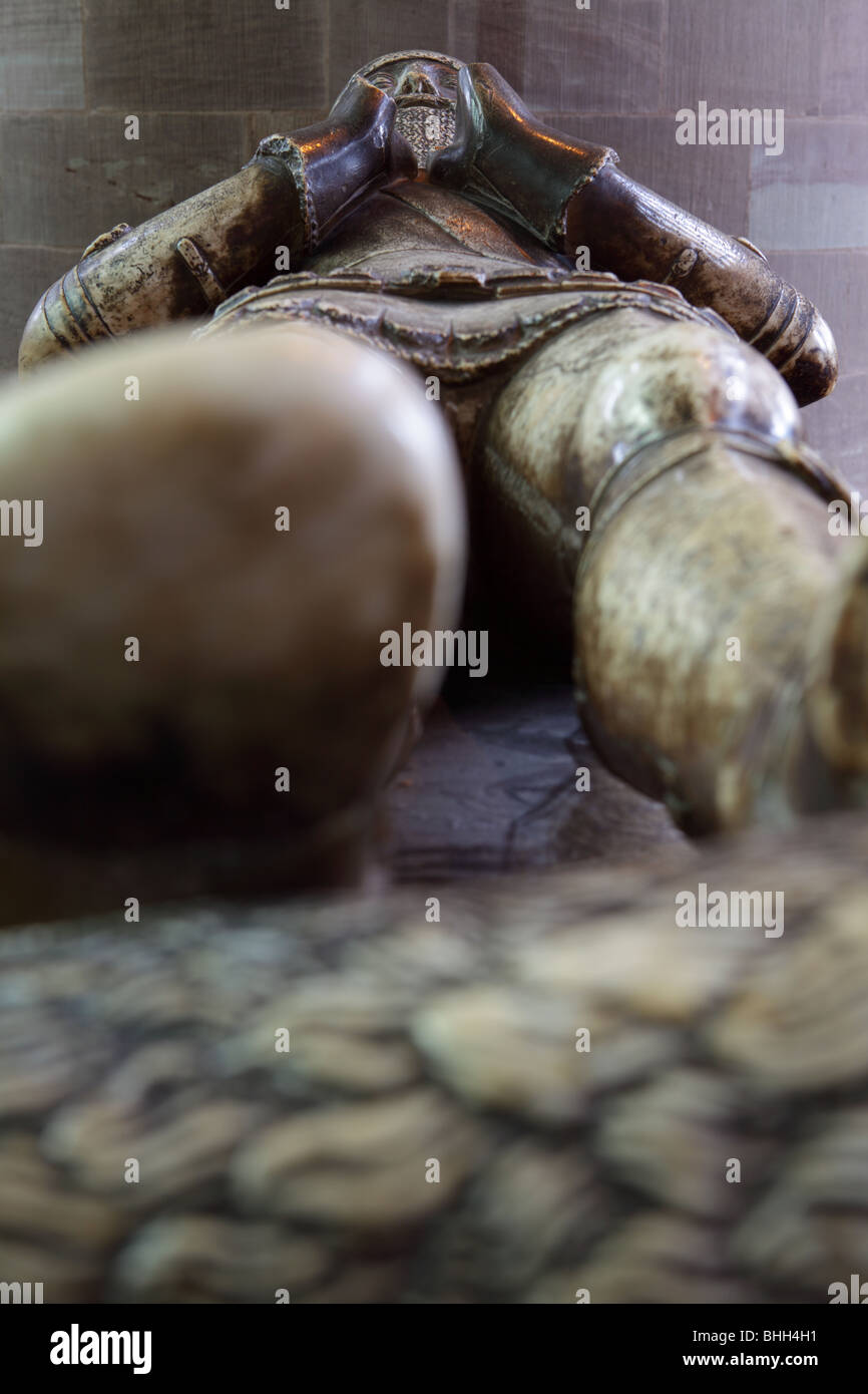 Sir Richard Pembridge`s tomb effigy at Hereford Cathedral a Knight of the Garter under Edward III. Stock Photo